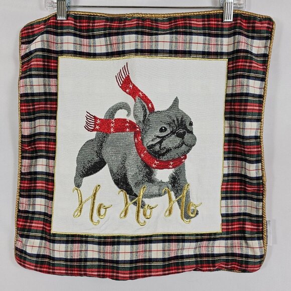 Willamstown 18" Gray Frenchie Bulldog Gold/Red Checker Plaid Pillow Sham Cover - Picture 2 of 10